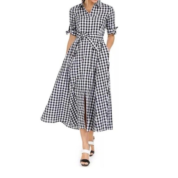Calvin Klein Gingham Plaid Shirt Dress Bow Black White Belted Maxi Size 8 Pocket - Picture 1 of 6